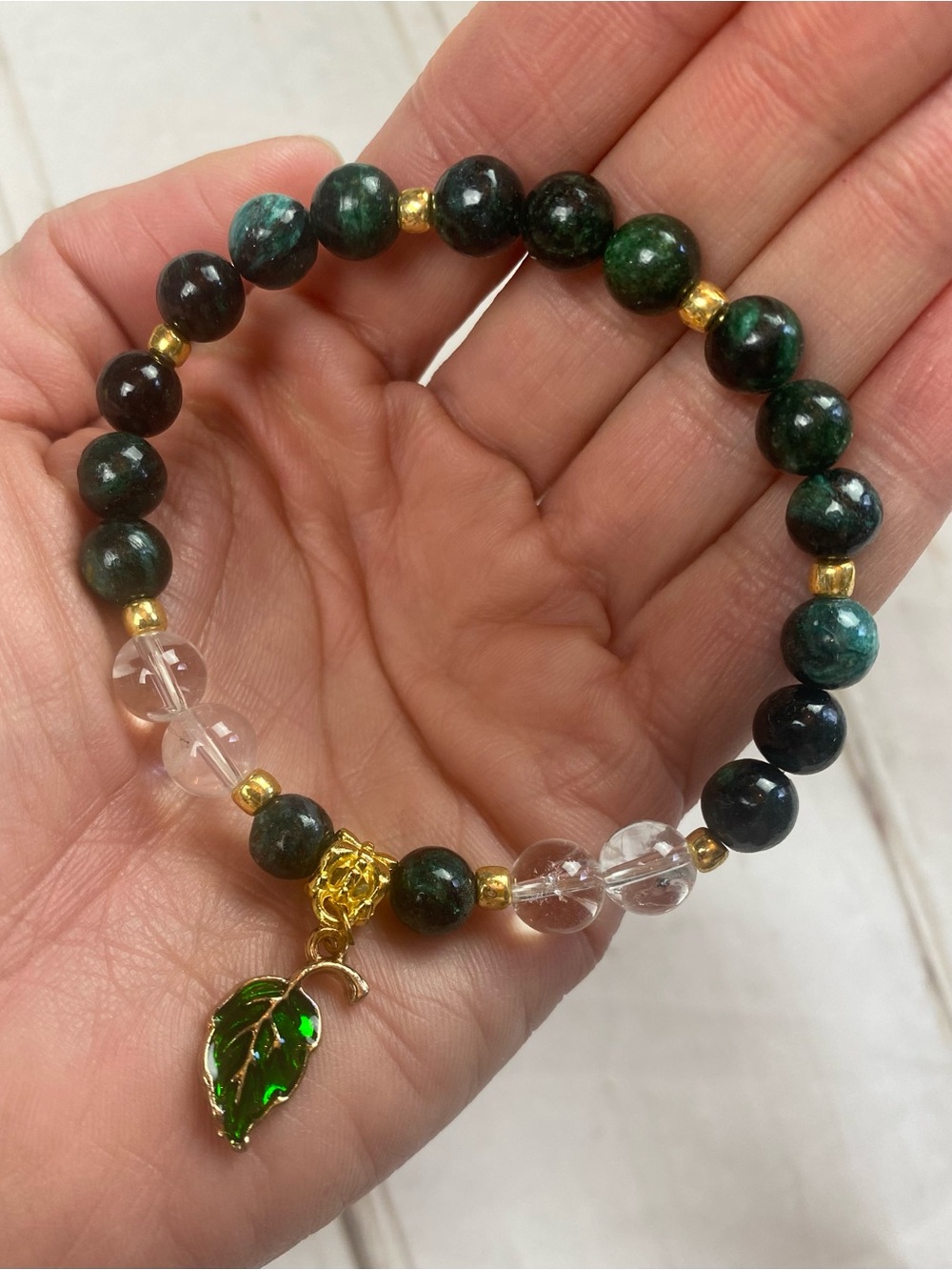 Genuine Malachite Crystal Bead Charm Bracelet with Gold Accents